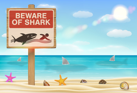 beware of shark sign on white background and in beachのイラスト素材