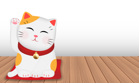japan maneki neko cat on wood floorのイラスト素材