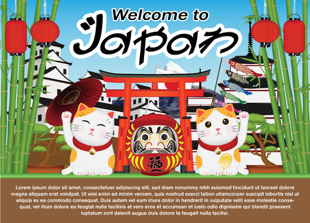 Welcome to Japan with maneki cat and daruma dollのイラスト素材