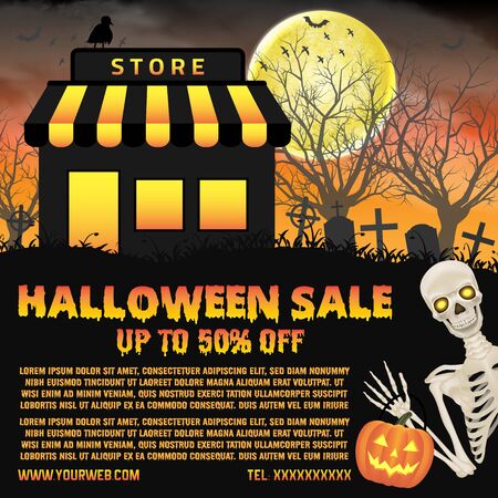 halloween shop sale with graveyard background posterのイラスト素材