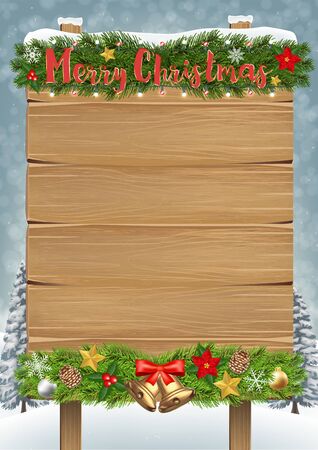 merry christmas wood board sign winter backgroundのイラスト素材