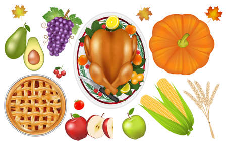 thanksgiving celebration traditional food and fruit setのイラスト素材
