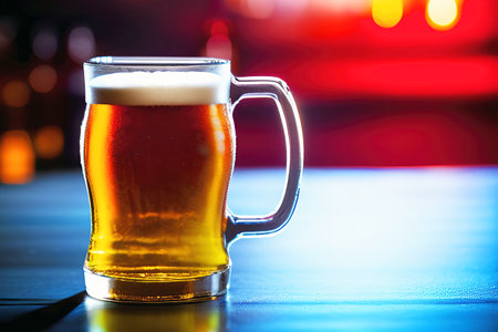 Beer in a glass on a table in a pub. Beer backgroundの素材