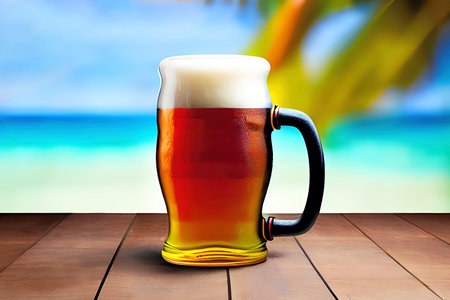 Mug of beer on a wooden table on the background of the seaの素材