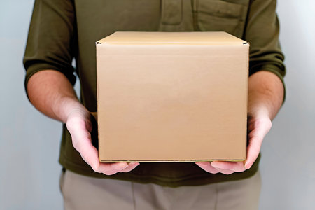Delivery man holding a cardboard box on white background. Delivery concept.の素材