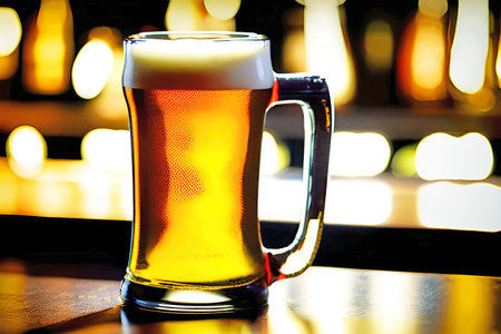 Glass of beer on the table in pub. Beer in pub.の素材