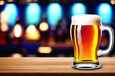 Beer glass on wooden table in front of defocused bar lights backgroundの素材