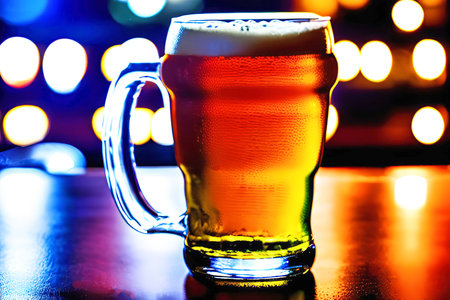 Glass of beer on a table in a pub. Selective focus.の素材