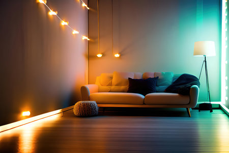 Modern bright interiors 3D rendering illustration with bokeh lightsの素材
