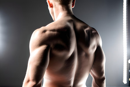 Rear view of shirtless man with muscular body standing in gymの素材