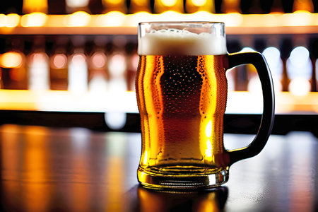 Glass of beer on a bar counter in a pub or restaurant.の素材
