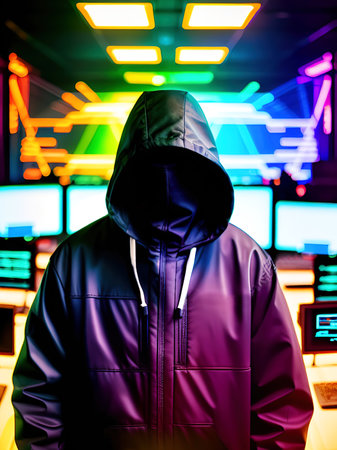 unrecognizable male hacker in dark neon room. Generative AIの素材