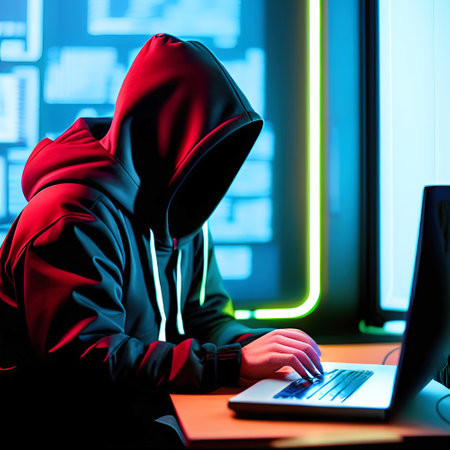unrecognizable male hacker in dark neon room. Generative AIの素材