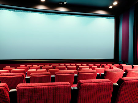 Cinema auditorium with red seats and large screen. Generative AIの素材