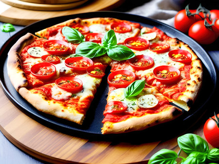 Pizza Margherita with Mozzarella Cheese, Cherry Tomatoes and Basil. Italian Cuisine. Generative AI.の素材