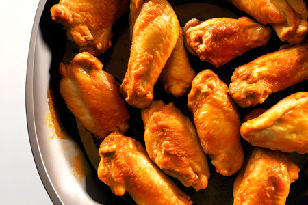 Baked chicken wings in a frying pan. Close-up. Generative AIの素材