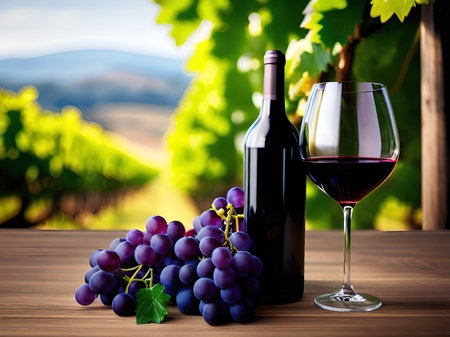 glasses of red and white wine with grapes on vineyard background. Generative AI.の素材