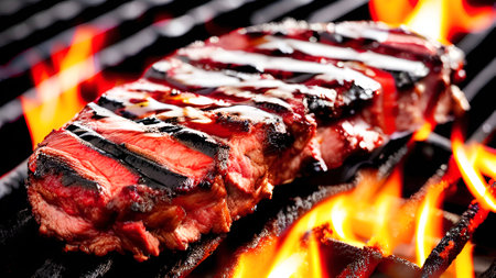Close up of grilled beef steak on barbecue grill with flames in backgroundの素材