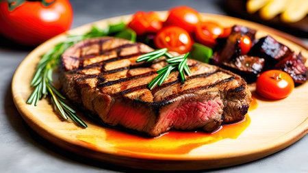 Grilled steak with vegetables on a wooden plate, close-upの素材