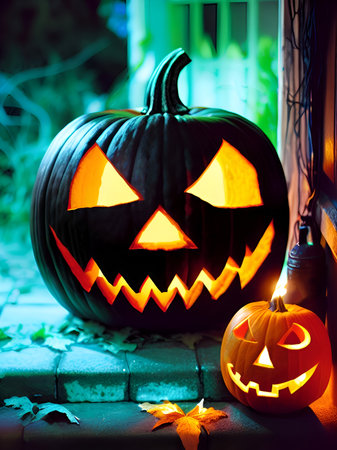 Halloween pumpkin head jack o lantern glowing in the dark with candleの素材