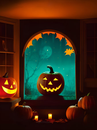 Halloween pumpkin head jack lantern at night. Generative Ai.の素材