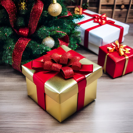 Gift box under decorated christmas treeの素材
