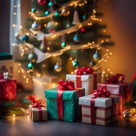 present gift boxes around christmas decorated tree in a roomの素材