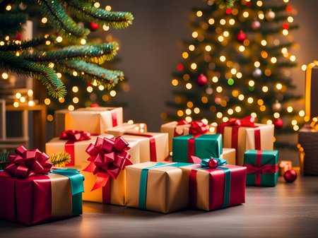 present gift boxes around christmas decorated tree in a roomの素材