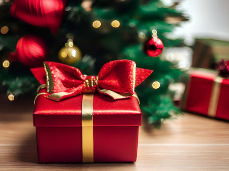 present gift boxes around christmas decorated tree in a roomの素材
