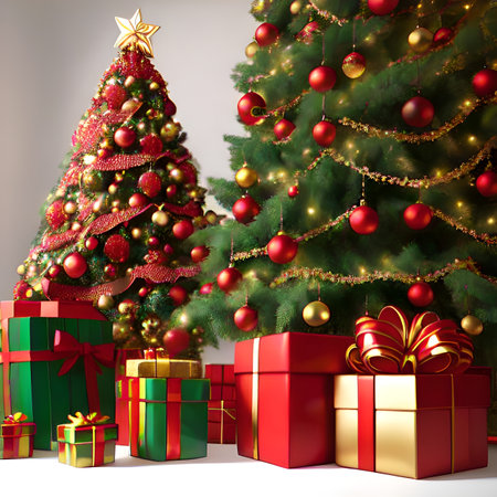 present gift boxes around christmas decorated tree in a roomの素材