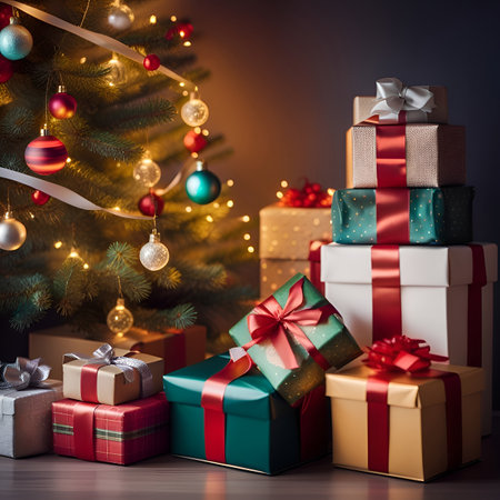 present gift boxes around christmas decorated tree in a roomの素材