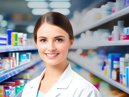 Happy Beautiful pharmacist in a pharmacy shop drug storeの素材