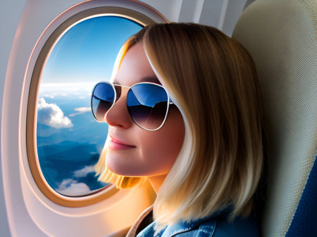 young woman wearing sunglasses sitting on an airplane seat near the windowの素材