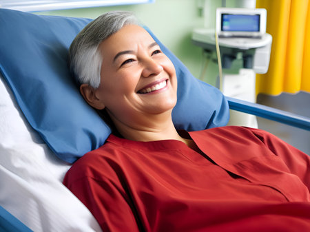 happy old patient female smiling on the hospital bedの素材