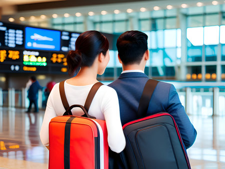 the backside of a couple traveler tourists in the airport terminalの素材