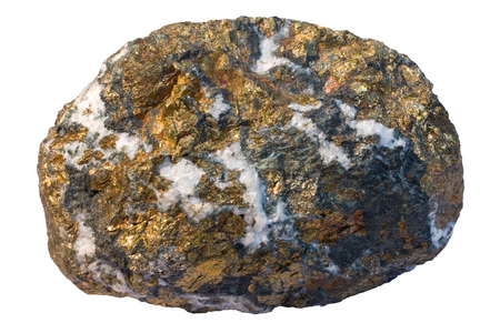 Copper ore chalcopyrite (CuFeS2) and quartz. It is a hydrothermal ore. Width of sample is 12 cm.の写真素材