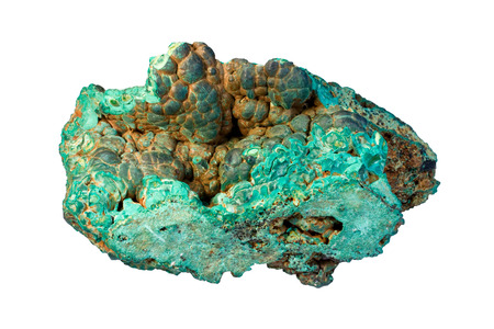 Sample of malachite (hydrated copper carbonate) with brown limonite (mixture of iron-bearing minerals). Width of sample 12 cm.の写真素材