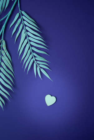 Light blue heart on blue background with palm leaf. Creative composition. Valentines day concept. Flat lay.の写真素材