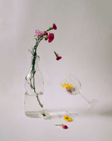 Creative arrangement with glass, bottle and spring flowers on white background. Minimal nature concept.の写真素材