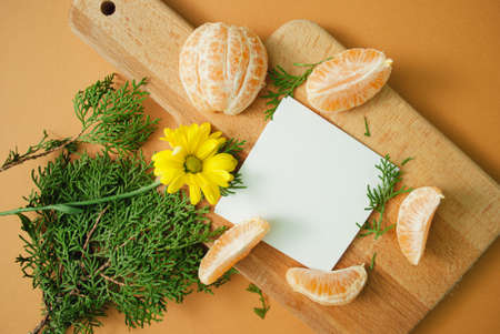 Mandarin tangarine with natural evergreen thorns, yellow flower at cutting board and copy space on orange background. Top view.の写真素材