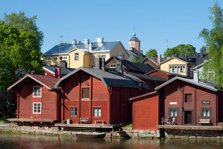 PORVOO, FINLAND - JUNE 13, 2015: Three old barn on the river Provoiceのeditorial素材