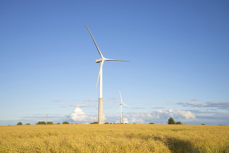 Two wind power generator on the field on a summer evening. Estonia