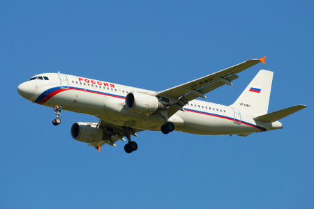 ST. PETERSBURG, RUSSIA - AUGUST 21, 2015: Airbus A320-214 VP-BWH airline "Russia" in flightのeditorial素材