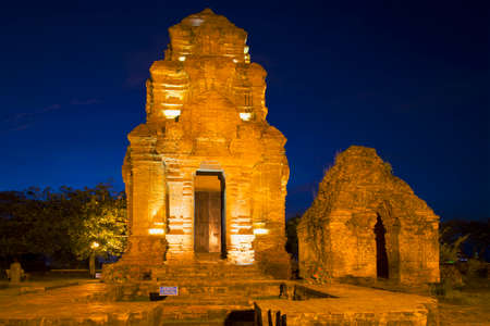 Ancient Cham sanctuary in night illumination. Phan Thiet, Vietnamの写真素材