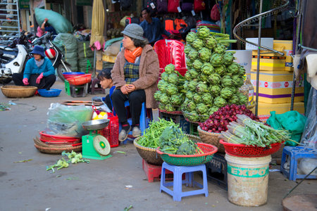 DALAT, VIETNAM - DECEMBER 26, 2015: Woman selling artichokes at the Central market of Dalatのeditorial素材