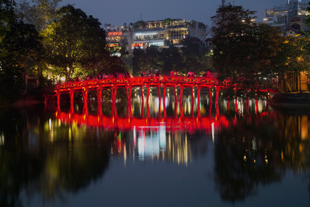 HANOI, VIETNAM - JANUARY 10, 2016: The bridge "The rising sun" in night illuminationのeditorial素材