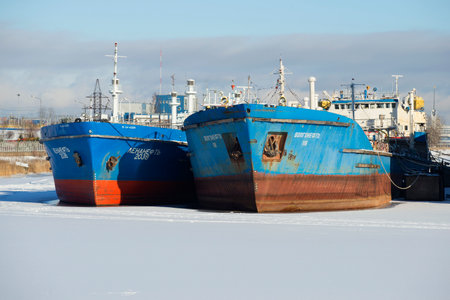 ST. PETERSBURG, RUSSIA - FEBRUARY 17, 2016: Two of the tanker "Lenaneft-2038" and "Volgoneft-118" at the winter Parking at Kanonersky shipyardのeditorial素材