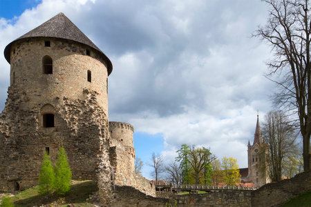 Cloudy spring day in the medieval castle of Cesis. Latviaのeditorial素材