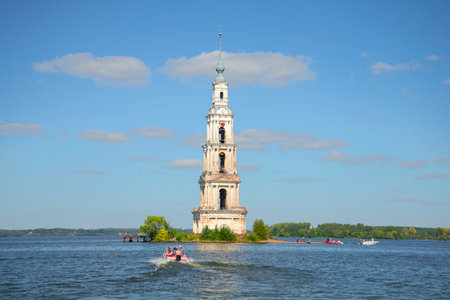 KALYAZIN, RUSSIA - AUGUST 22, 2015: View of the bell tower of St. Nicholas Cathedral in the Uglich reservoirのeditorial素材