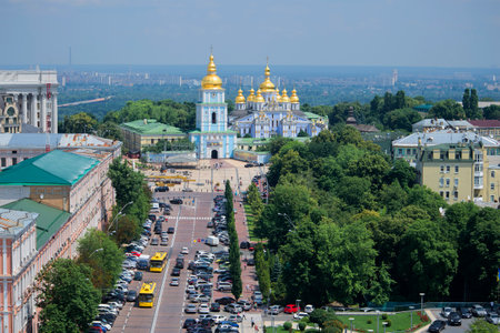 KIEV, UKRAINE - JUNE 12, 2013: The St. Michael's Golden-domed monastery. View from the bell tower of Saint Sophiaのeditorial素材